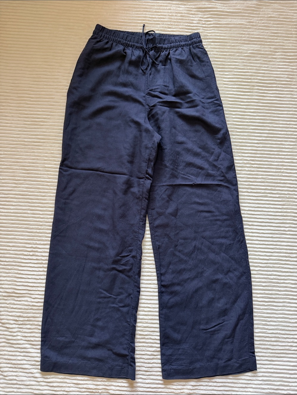 H&M Linen Blend Wide Leg Pants Pockets Drawstring Elastic Airy Flowy Navy S